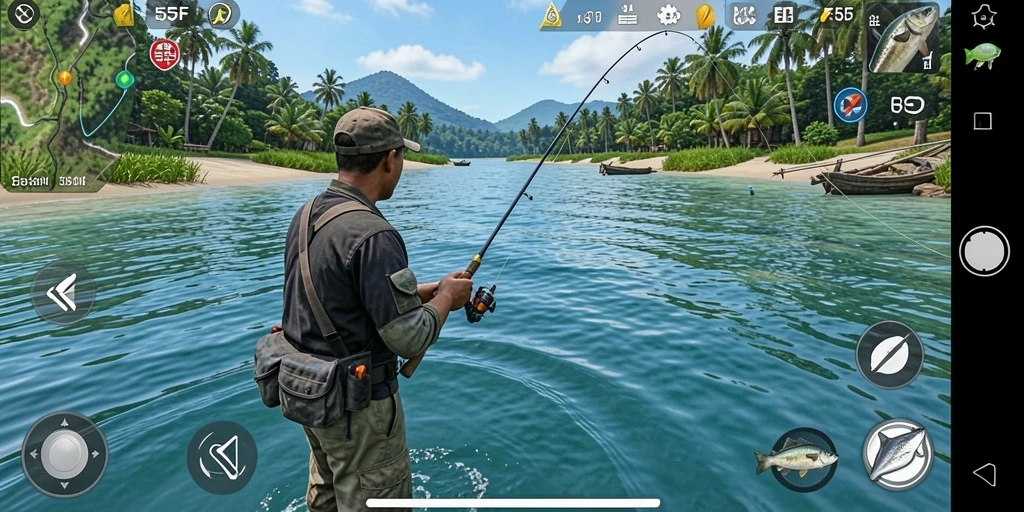 Screenshot gameplay 555F menampilkan keseruan saat memancing di laut.