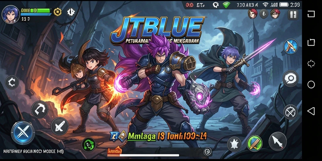 Screenshot permainan JTBLUE menunjukkan karakter anime dalam aksi mendebarkan.