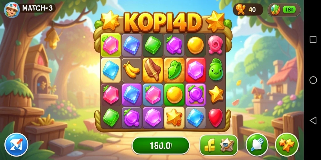 Tampilan gameplay KOPI4D yang penuh warna dan tantangan Match-3.
