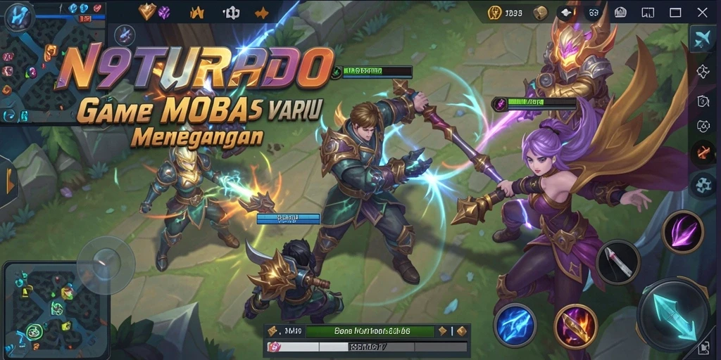 Screenshot gameplay N9TURBO menunjukkan pertempuran seru di arena MOBA.
