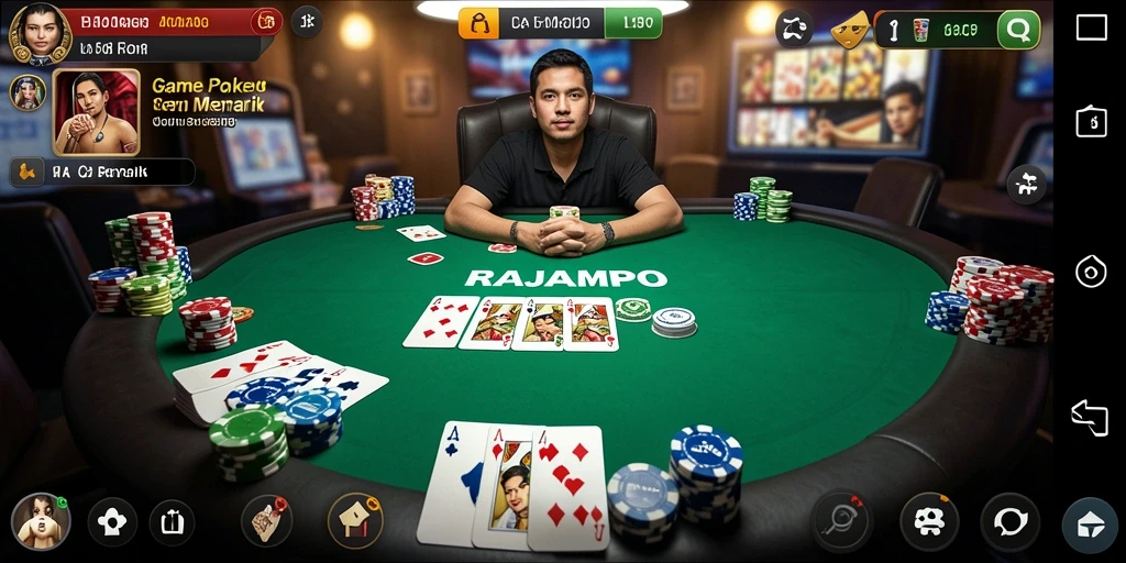Tampilan gameplay seru RAJAMPO dengan suasana poker yang mendebarkan.