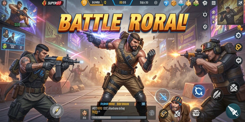 Gameplay SUPER88 yang intens dan seru dalam arena pertarungan.